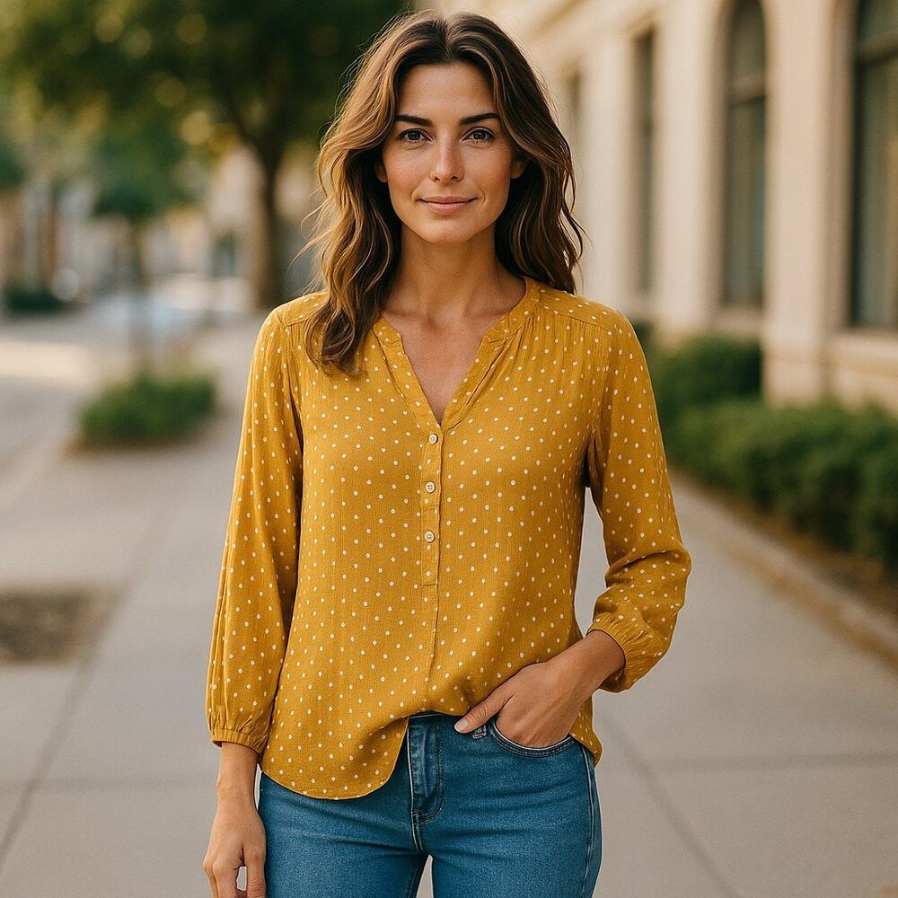 Old Navy Womens Tunic Top XL Mustard Yellow Polka Dot White